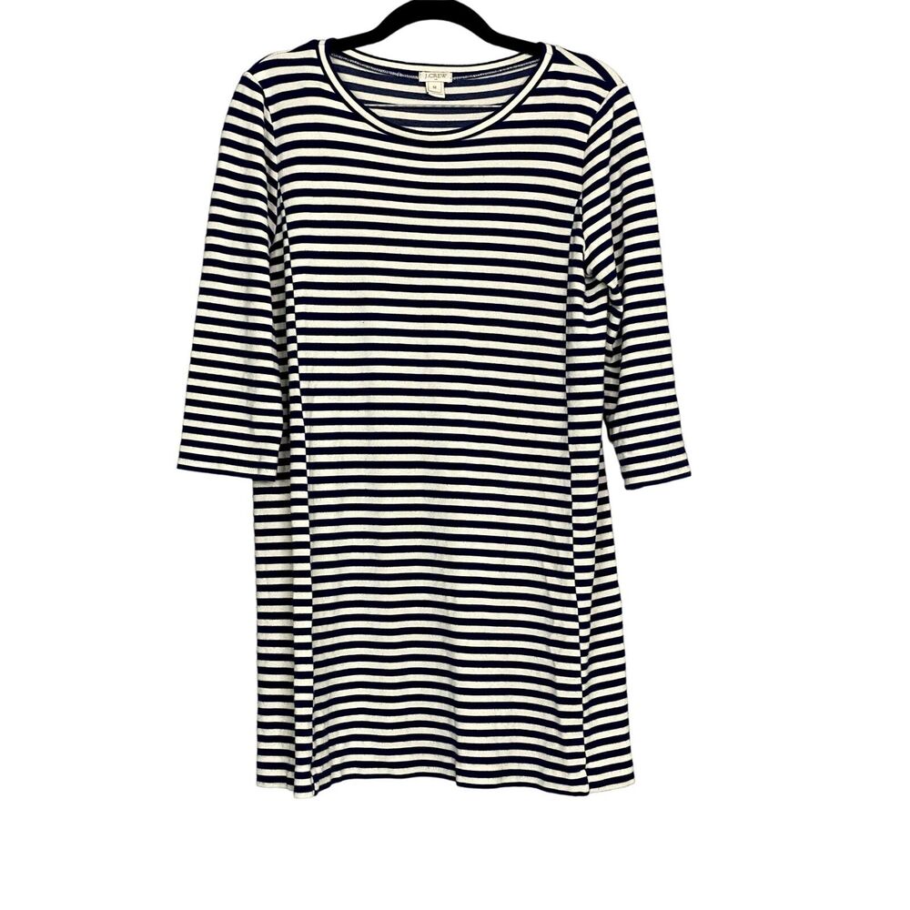 NWT J. Crew Striped 3/4 Sleeve Shirt Dress Round Neck M Navy Blue White #3564